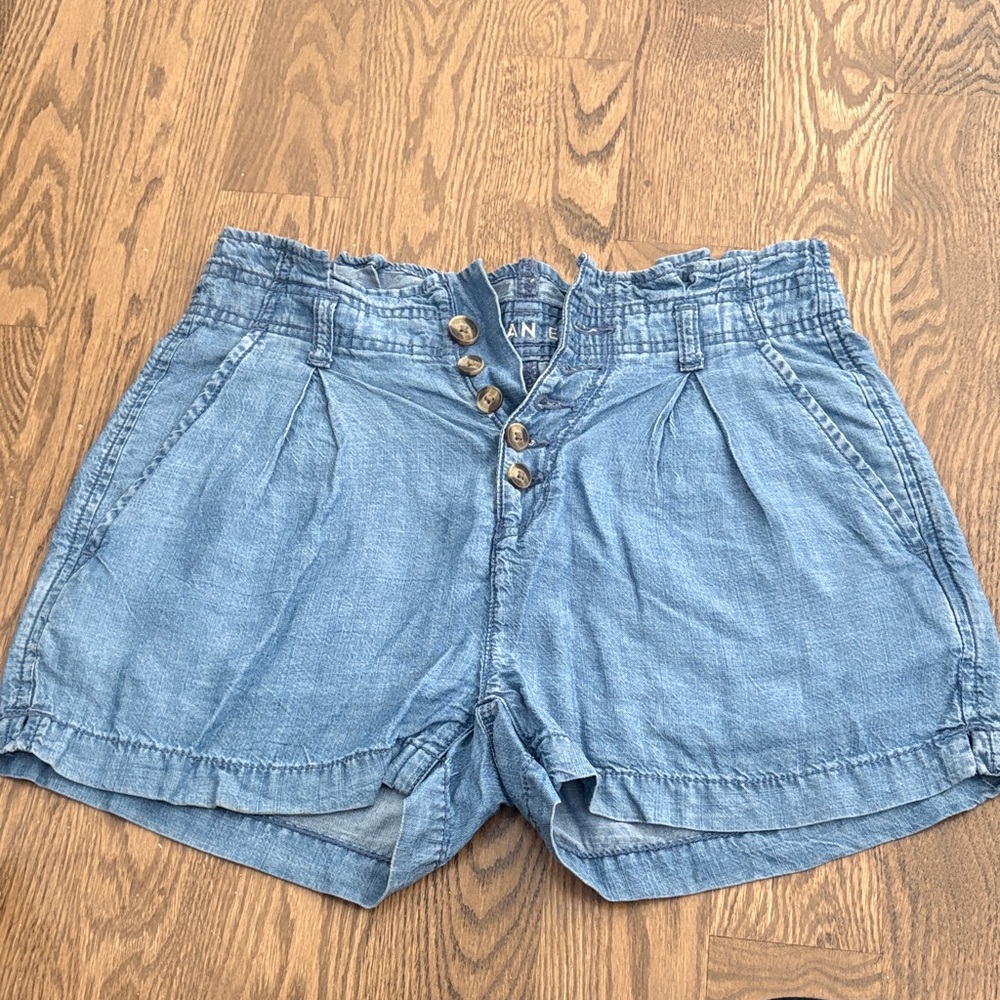 Women’s Blue Denim Button-Front Paperbag Waist Shorts